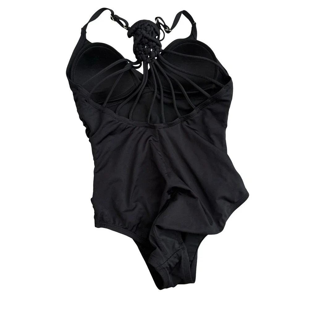 One Piece Swimsuit Black Macrame Racerback Ruched Women Size 6
